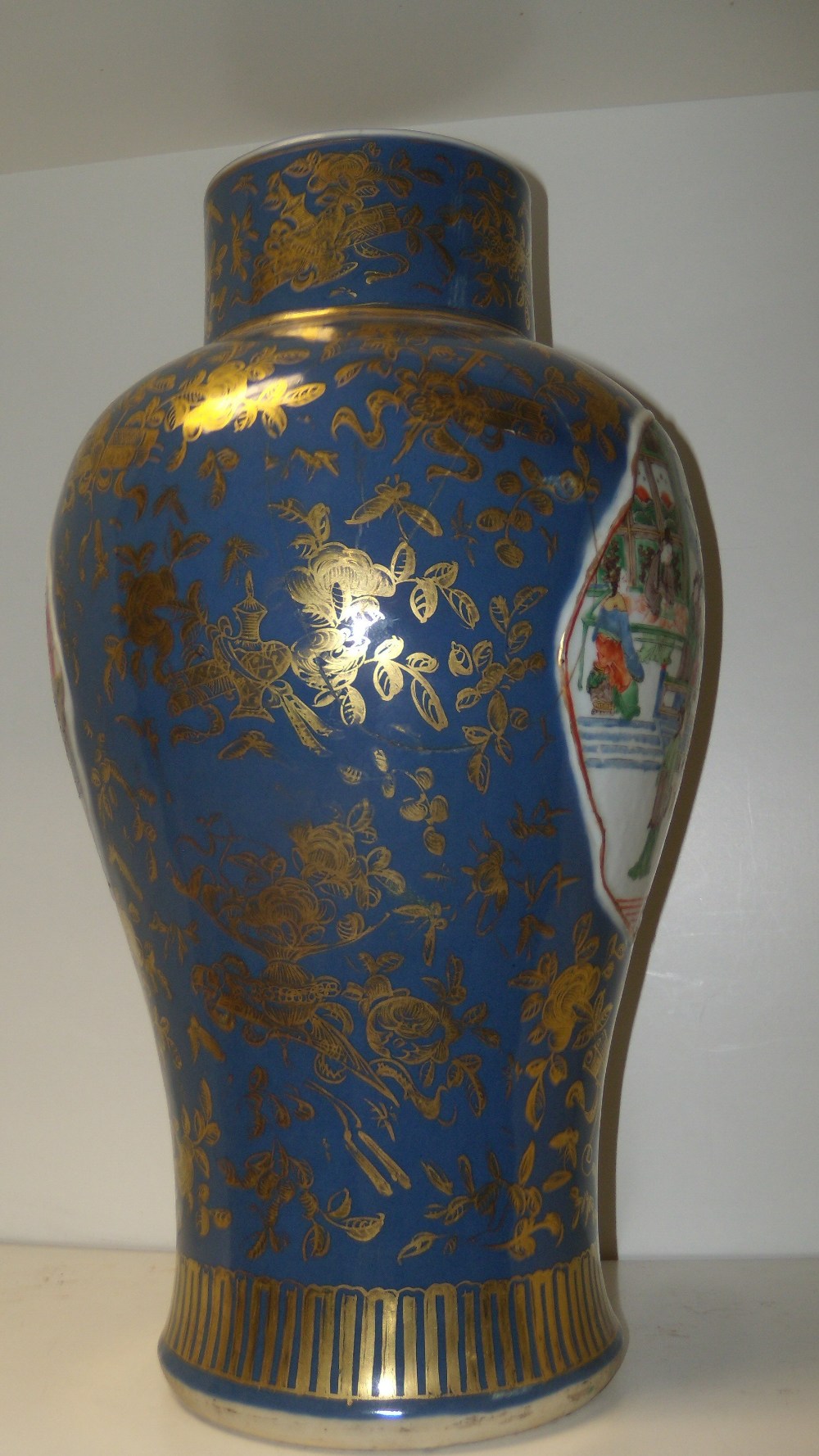 A 19th century blue ground famille verte vase, the baluster shape painted with figures inside - Image 2 of 4