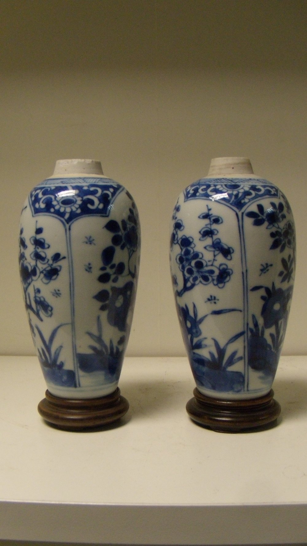 Two similar blue and white vases, period of Kangxi, each of the ovoid bodies painted with two - Image 2 of 2