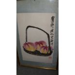 Qi Baishi (1864-1957), peaches in a basket, print, the three peaches in a shallow basket with a tall
