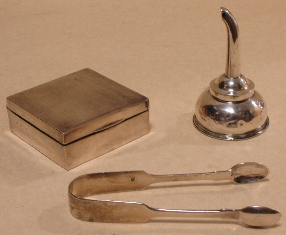 A George III funnel, a pair of sugar tongs and a silver cigarette box, Chester assay mark (3)