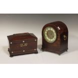 A Victorian rosewood and mother of pearl inlaid tea caddy, a mentle clock and a set of scales (3)