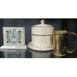 An agate clock, a Stilton dish and cover and a '1673' brass tankard