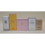 A collection of scent bottles and boxes for Chanel, Christian Dior, Bulgari etc