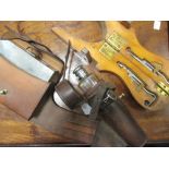 A leather cased Dixon's electroplate hip flask, leather cased pewter sandwich box and a set of