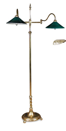 A brass two branch floor standing reading light, the branches with green glass shades 168cm (66in)