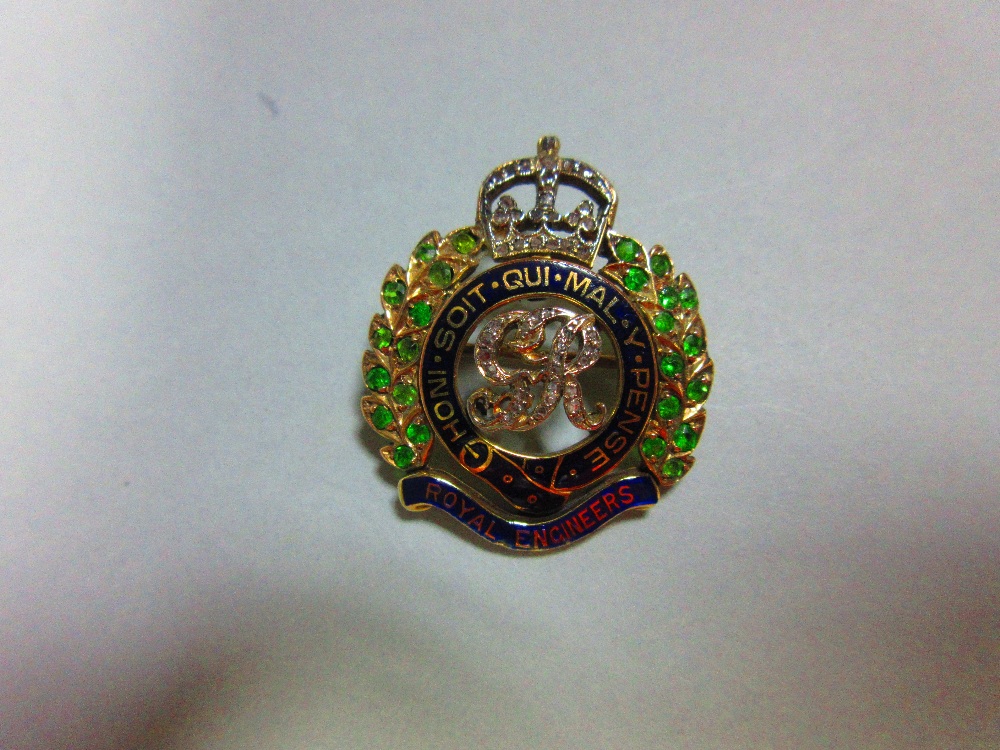 A diamond, demantoid and enamel regimental brooch for the Royal Engineers, the crown and central