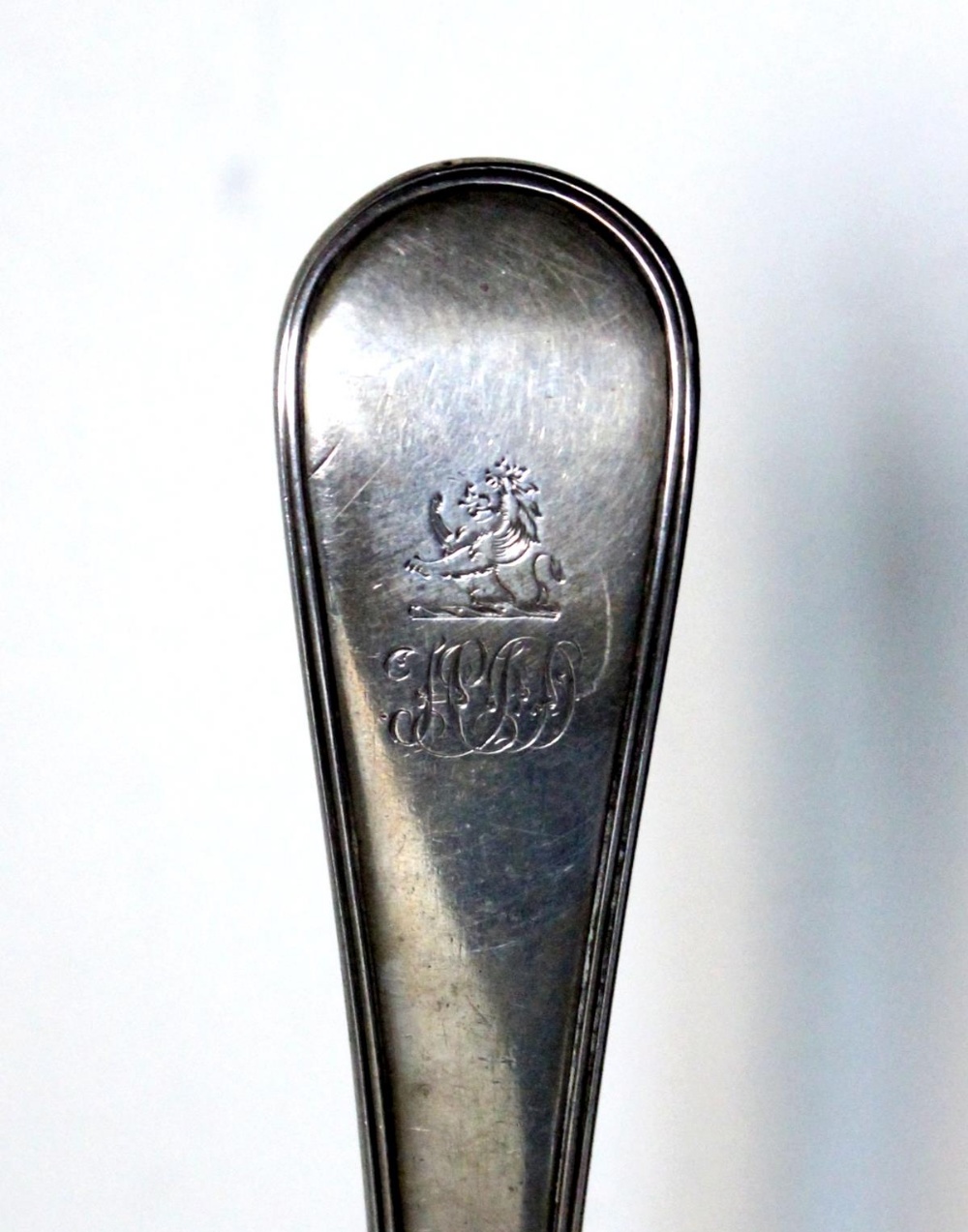 A George III silver Old English thread pattern soup ladle, by Richard Crossley, London 1786, crested - Image 3 of 3