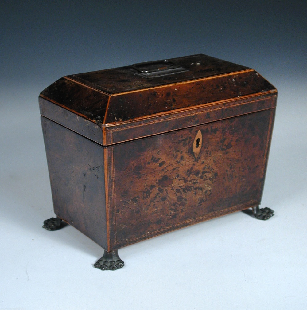 A George III burr elm tea caddy, the tapered body with boxwood stringing raised on lion paw feet