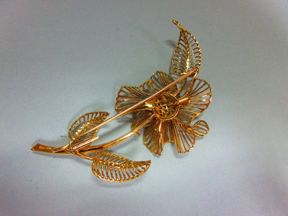 A mid-20th century diamond set flower brooch, of open wirework structure with three curled leaves - Image 3 of 5