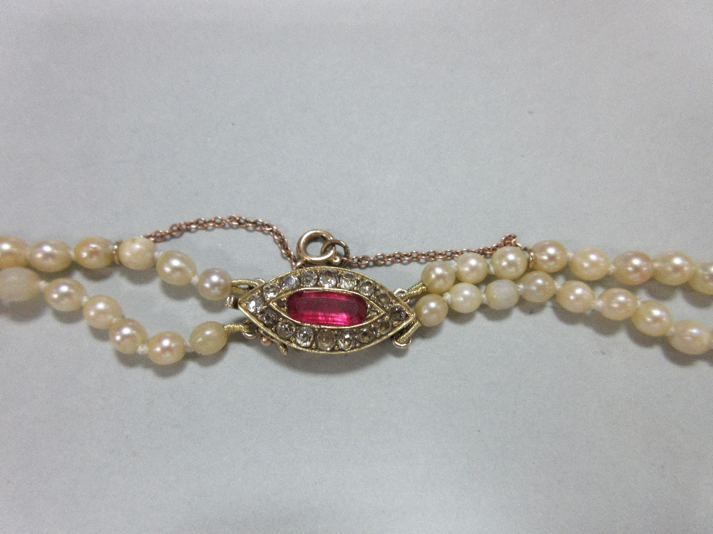 A two row pearl necklace with ruby and diamond clasp, the 3.6 - 8.0mm graduated pearls, to a navette - Image 7 of 7