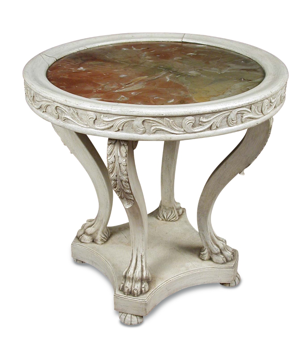 A Baltic painted and carved wood gueridon, the circular top inset with rouge marble, supported on