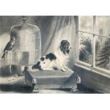 English School (19th Century) A Cavalier King Charles Spaniel on a cushion, with a parrot alongside,