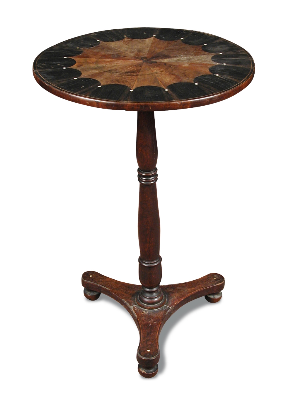 A late Regency coromandel wood pedestal occasional table, with radiating specimen wood inlaid