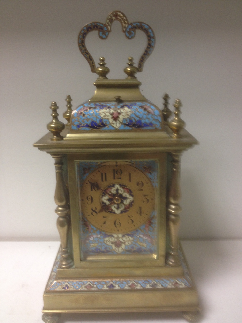 A late 19th century brass and enamelled mantle clock, with folding handle above repeat button, - Image 2 of 5