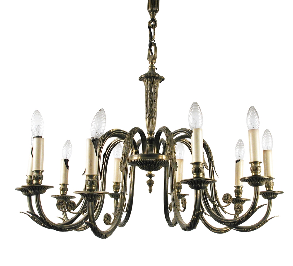 A neo classical style brass ten branch electrolier, leaf moulded branches, column and ceiling boss