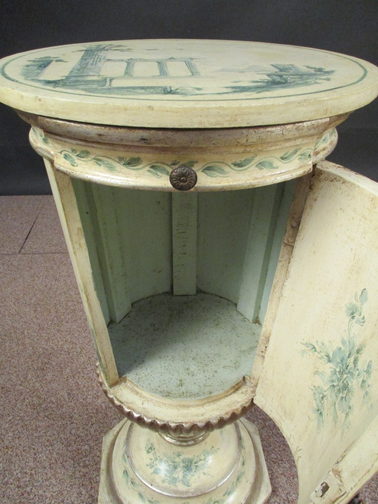 A Continental painted pedestal cupboard of urn design, decorated with neo-classical architectural - Image 2 of 6