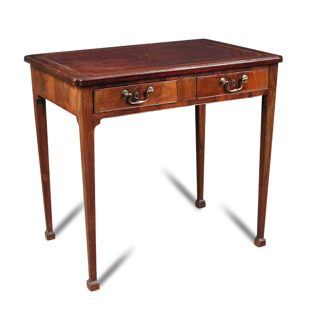 A George III mahogany writing table, leather lined top with re entrant corners, fitted two