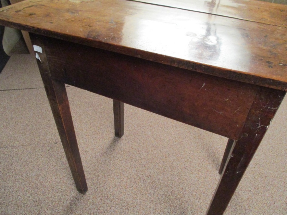 An 18th century oak side table, a patinated cleated plank top with single drawer, on tapering square - Image 4 of 4