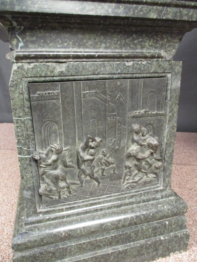 A 19th century Blashfield type terracotta urn, moulded with Ram's head handles, on a marble plinth - Image 2 of 4