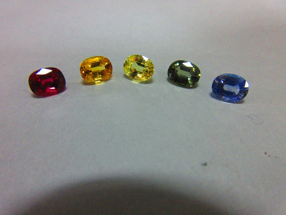 A loose ruby and four loose variously coloured sapphires, all oval to rectangular cushion cut and