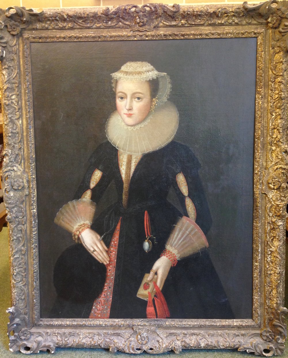 Manner of William Larkin (British, active 1580-1619) Portrait of a lady in a ruff and coral - Image 2 of 11