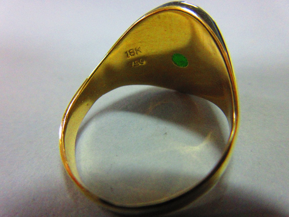 A jade signet form ring, set with a low cabochon polished mid-green jade in rubover setting - Image 3 of 5