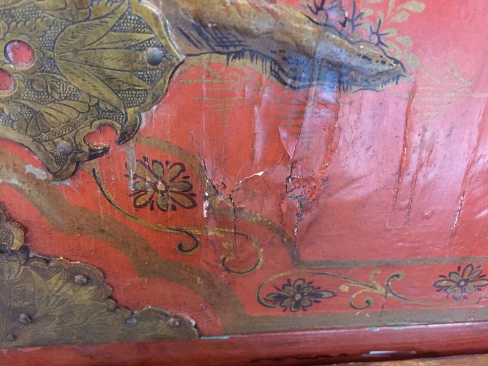 An 18th century Chinese red lacquer cabinet on a giltwood stand, decorated with a traditional - Image 9 of 9