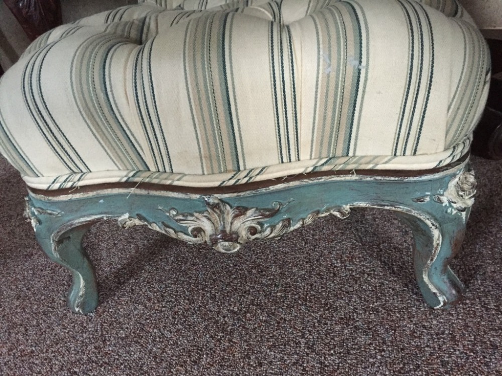 A Louis XV revival gout stool, the adjustable painted frame with buttoned upholstery, on scroll - Image 2 of 2