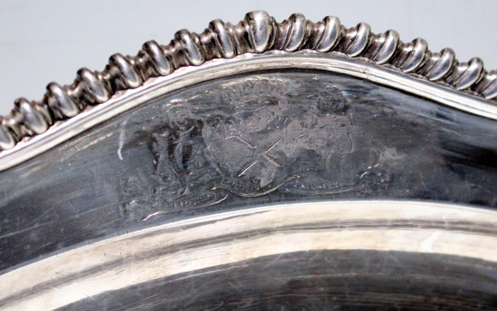 A George II silver meat plate, by John Hugh Le Sage, London 1742, of oval shape with gadrooned edge, - Image 3 of 4