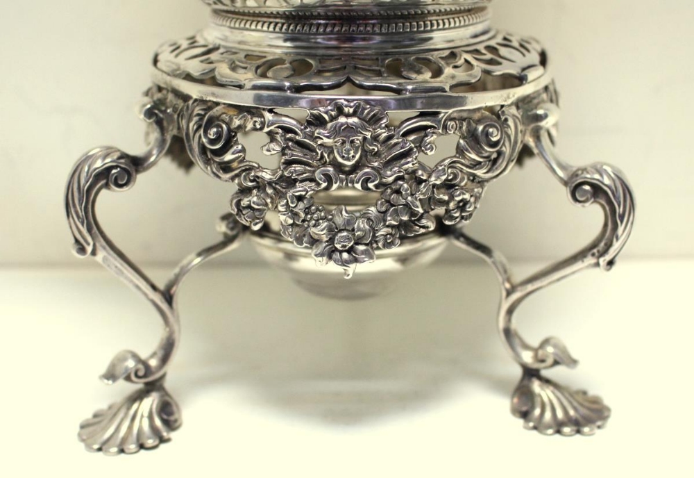 A silver tea kettle on stand, by George Methuen, London 1750, the upper compressed globular body - Image 3 of 8