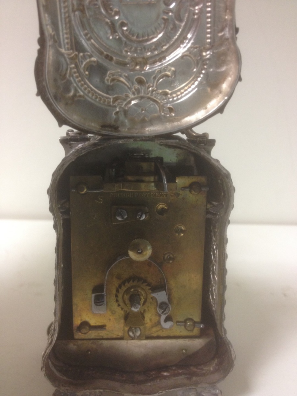 A Continental silver cased miniature carriage timepiece, with inset mother-of-pearl front panels, - Image 3 of 3