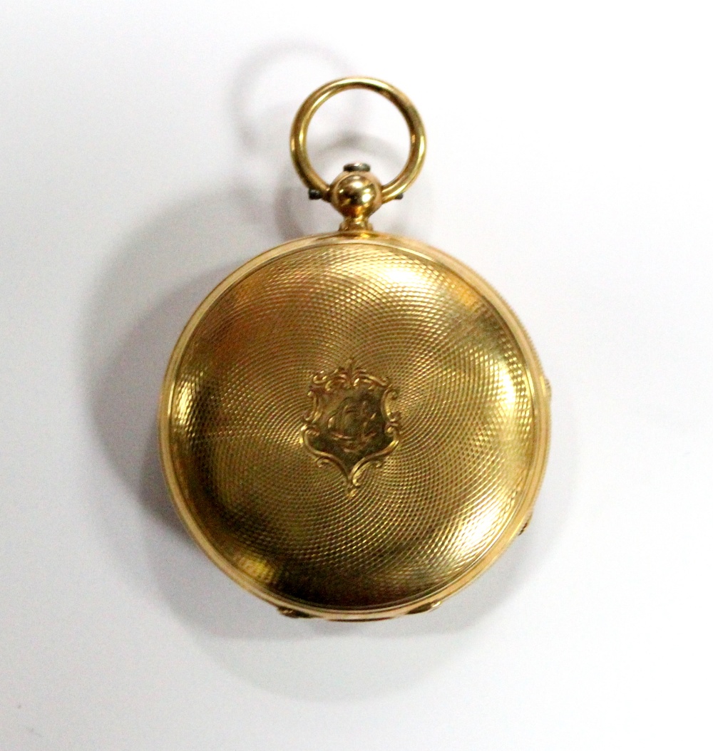 By Buller & Hutchinson - an 18ct gold open face fob watch, the engine turned gold coloured dial with - Image 2 of 3