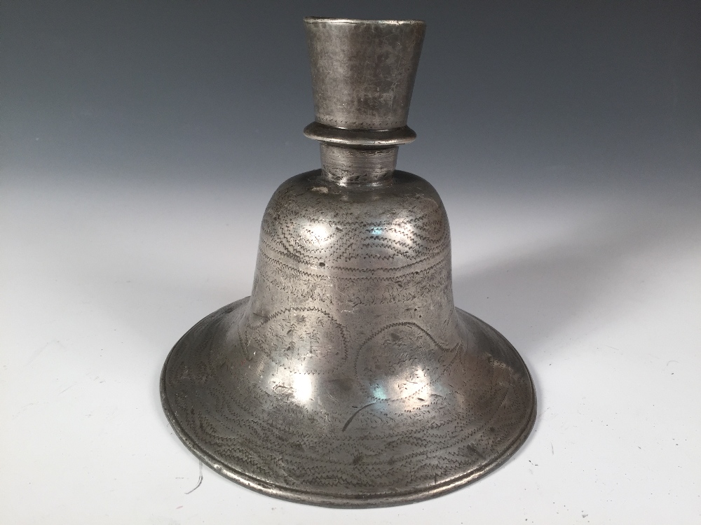 A pewter hookah pipe base, possibly 18th century Persian, the exterior of the bell shaped vessel - Image 2 of 4