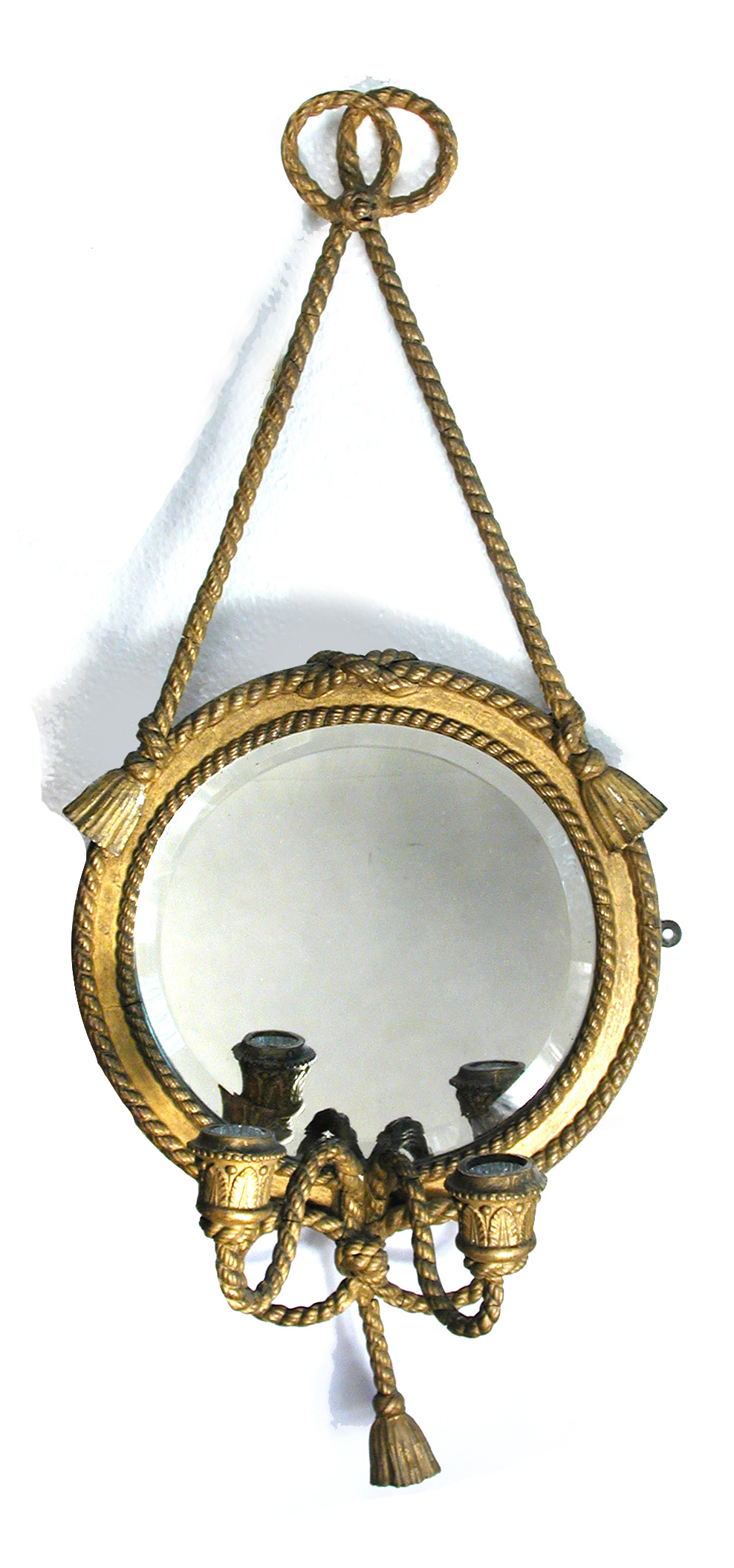 A pair of 19th century mirror back wall sconces, each with rope twist border and mounts, the twin