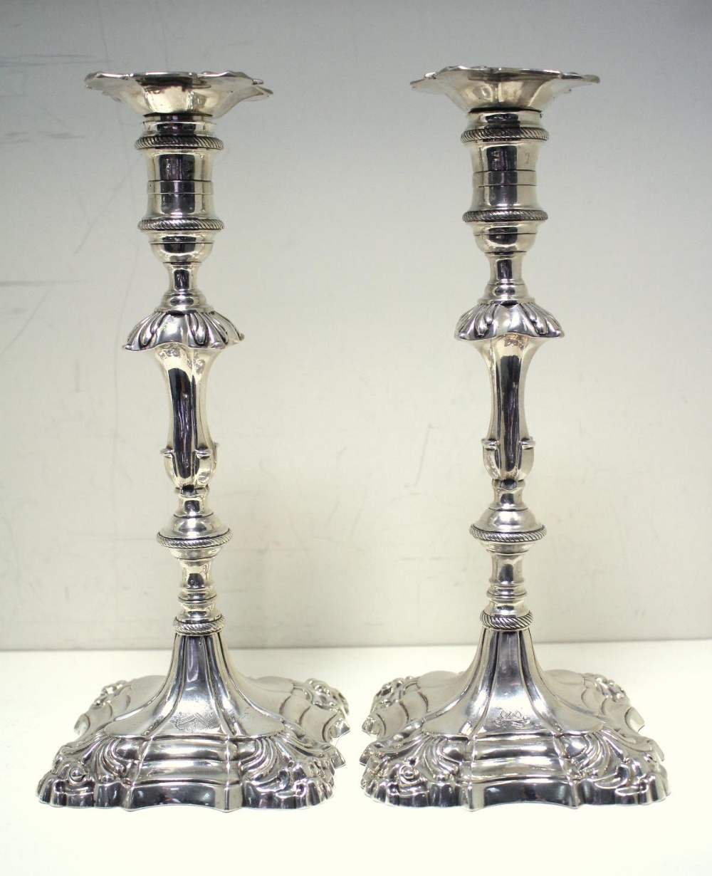 Two pairs of silver candlesticks, by Ebenezer Coker, London 1766/1767, each raised from a square - Image 4 of 11