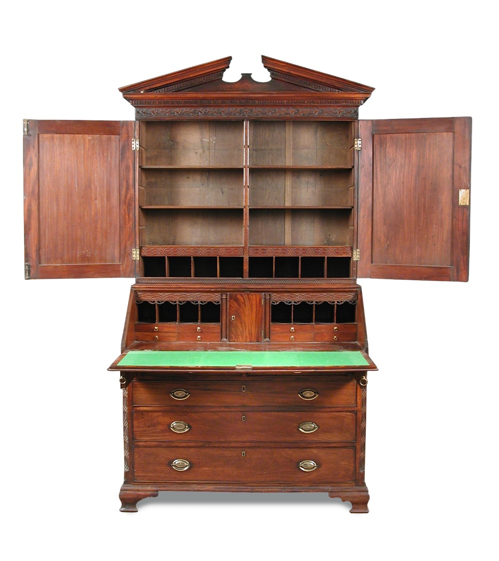 A George III mahogany bureau bookcase, circa 1770 with breakarch pediment, dentil cornice with blind - Image 2 of 5