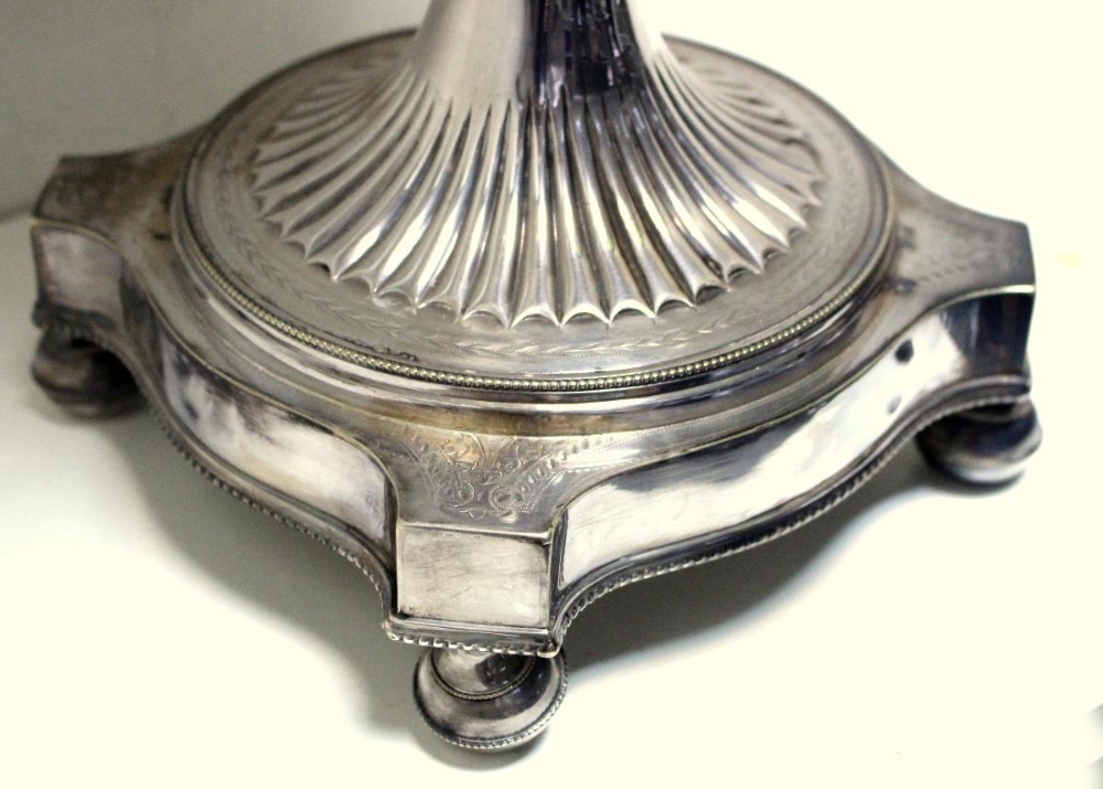 A Victorian electroplate tea urn in the neo-classical style, unmarked, the vase shaped body engraved - Image 6 of 7