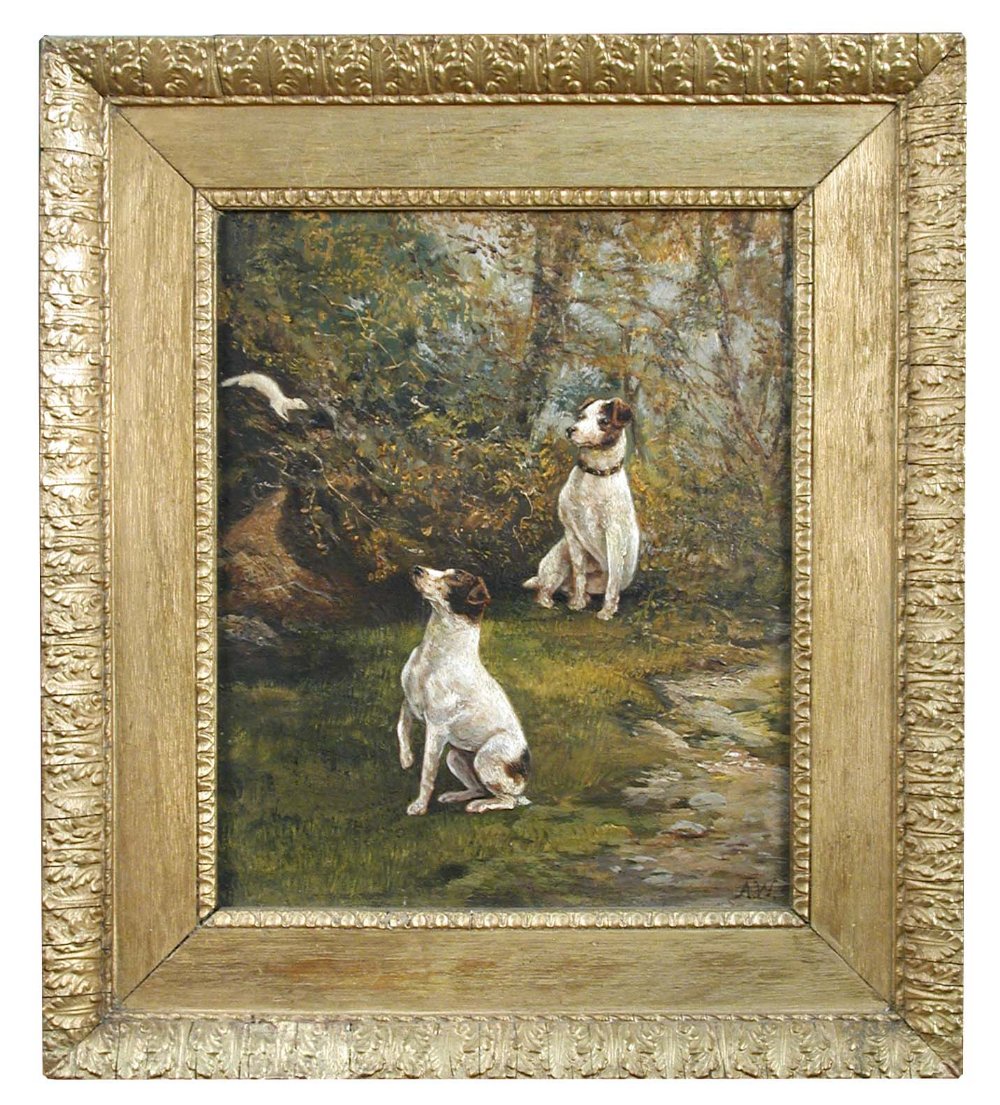 Alfred Wheeler (British, 1851-1932) Terriers and a stoat in ermine signed with initials lower