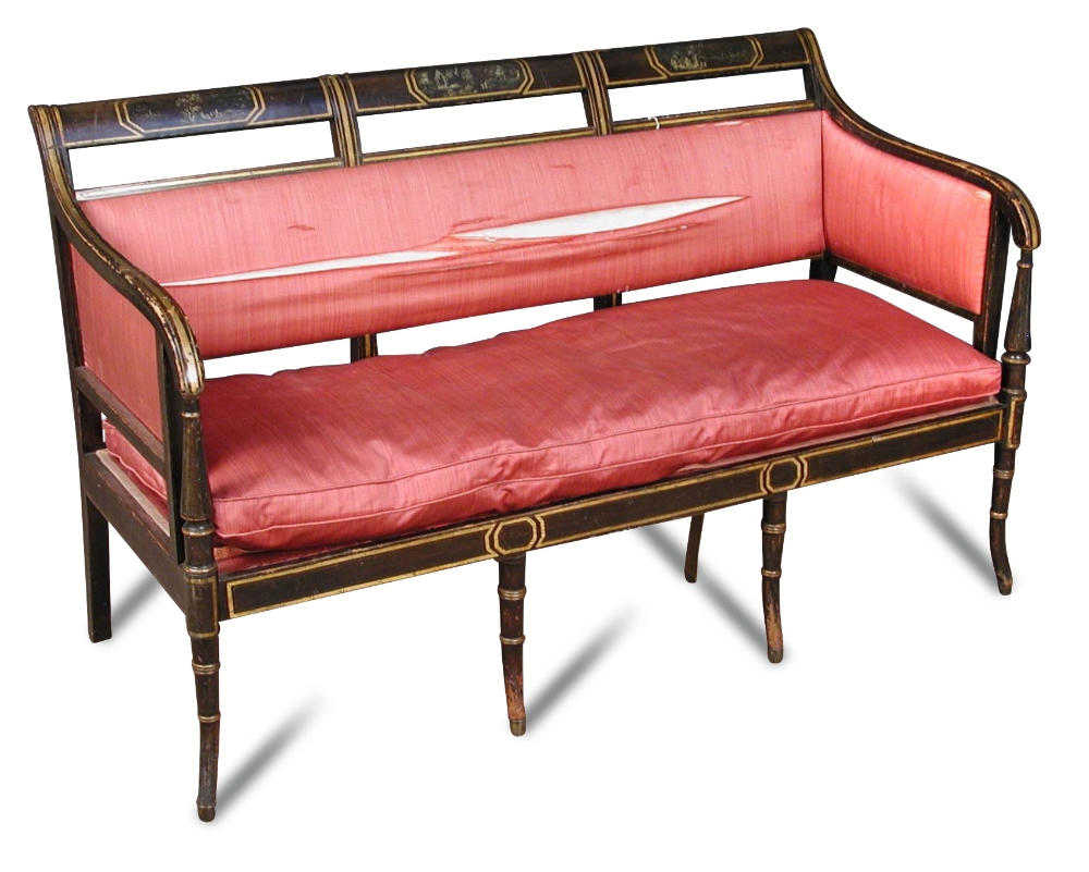 A Regency faux rosewood chair back settee, gilt lined border decoration, painted en grisaille with