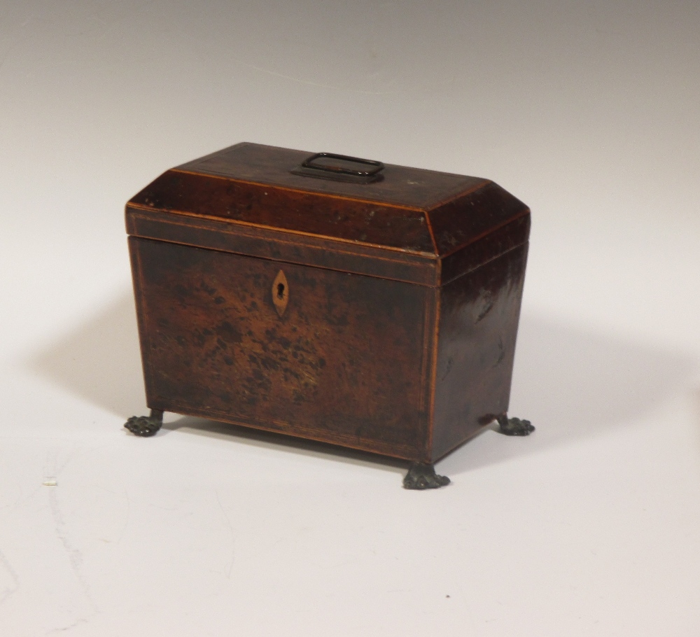 A George III burr elm tea caddy, the tapered body with boxwood stringing raised on lion paw feet - Image 3 of 3