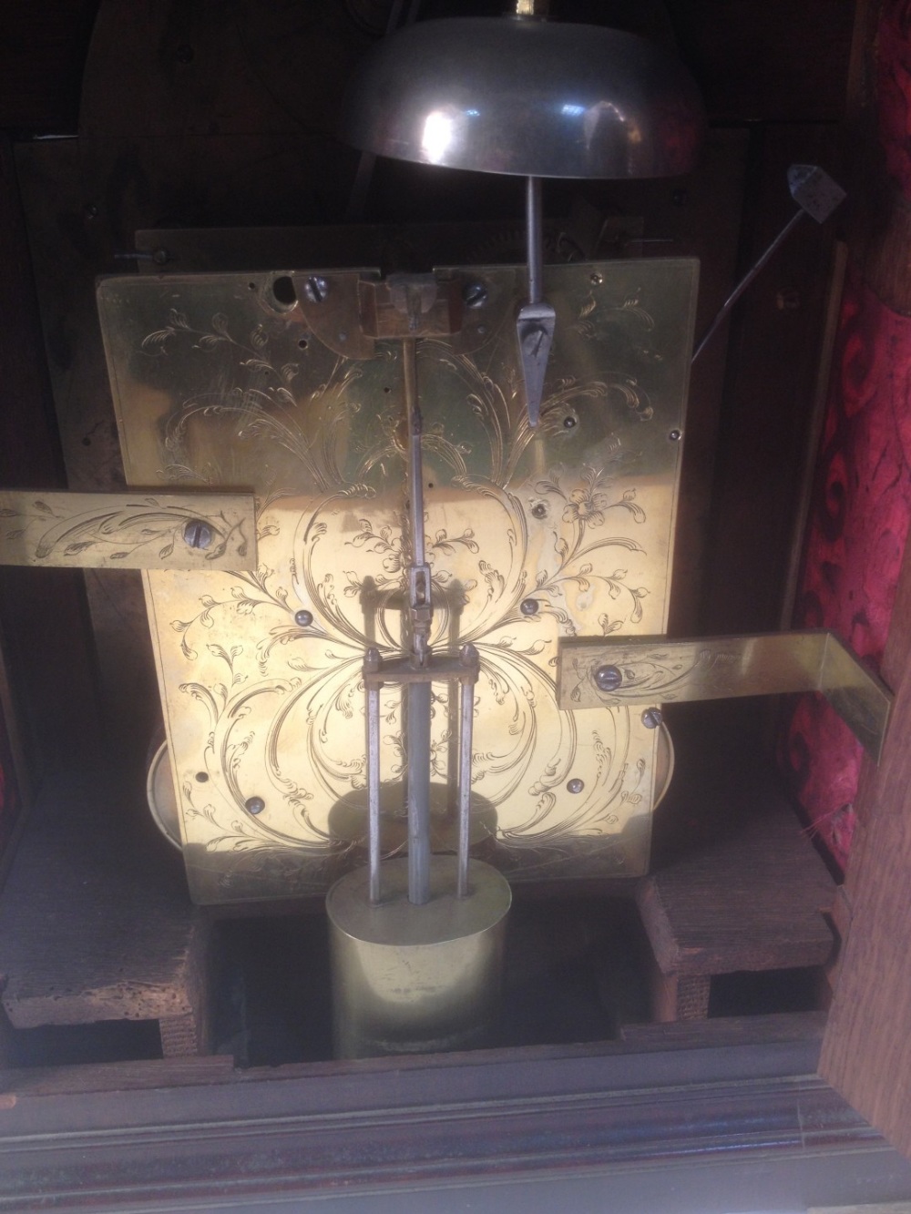 A George III mahogany bracket clock, the bell top case with brass handle and four gilt finials above - Image 5 of 7