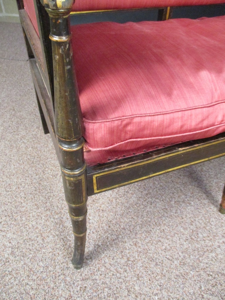 A Regency faux rosewood chair back settee, gilt lined border decoration, painted en grisaille with - Image 3 of 6