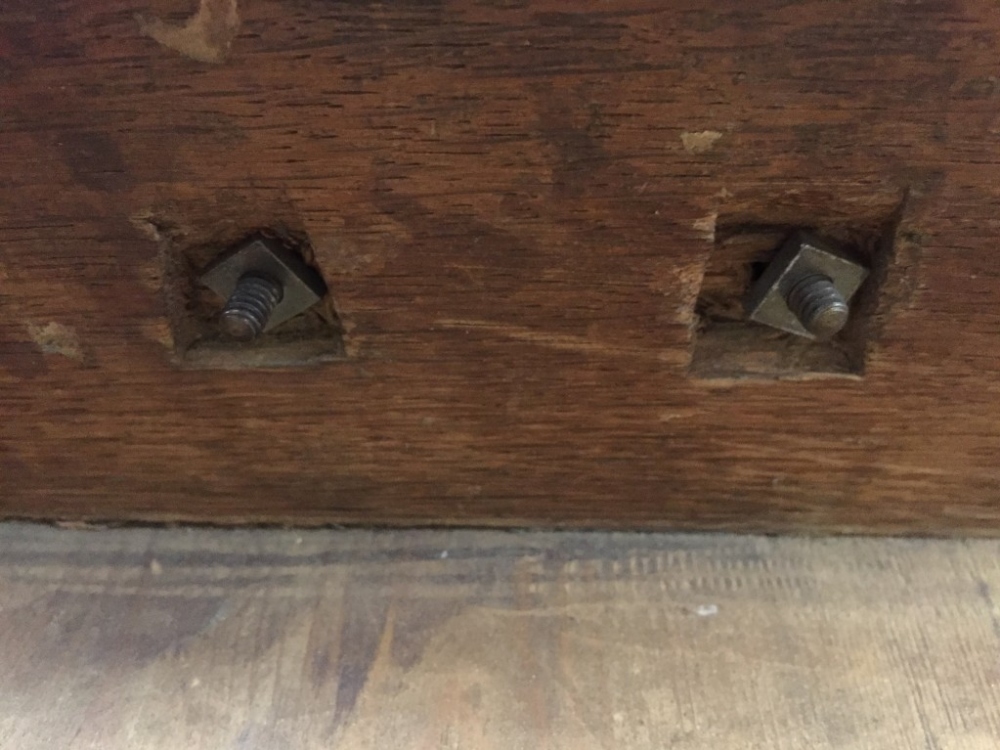 A Queen Anne oak lowboy, fitted one drawer, brass plate handles, fret carved frieze with central - Image 5 of 6