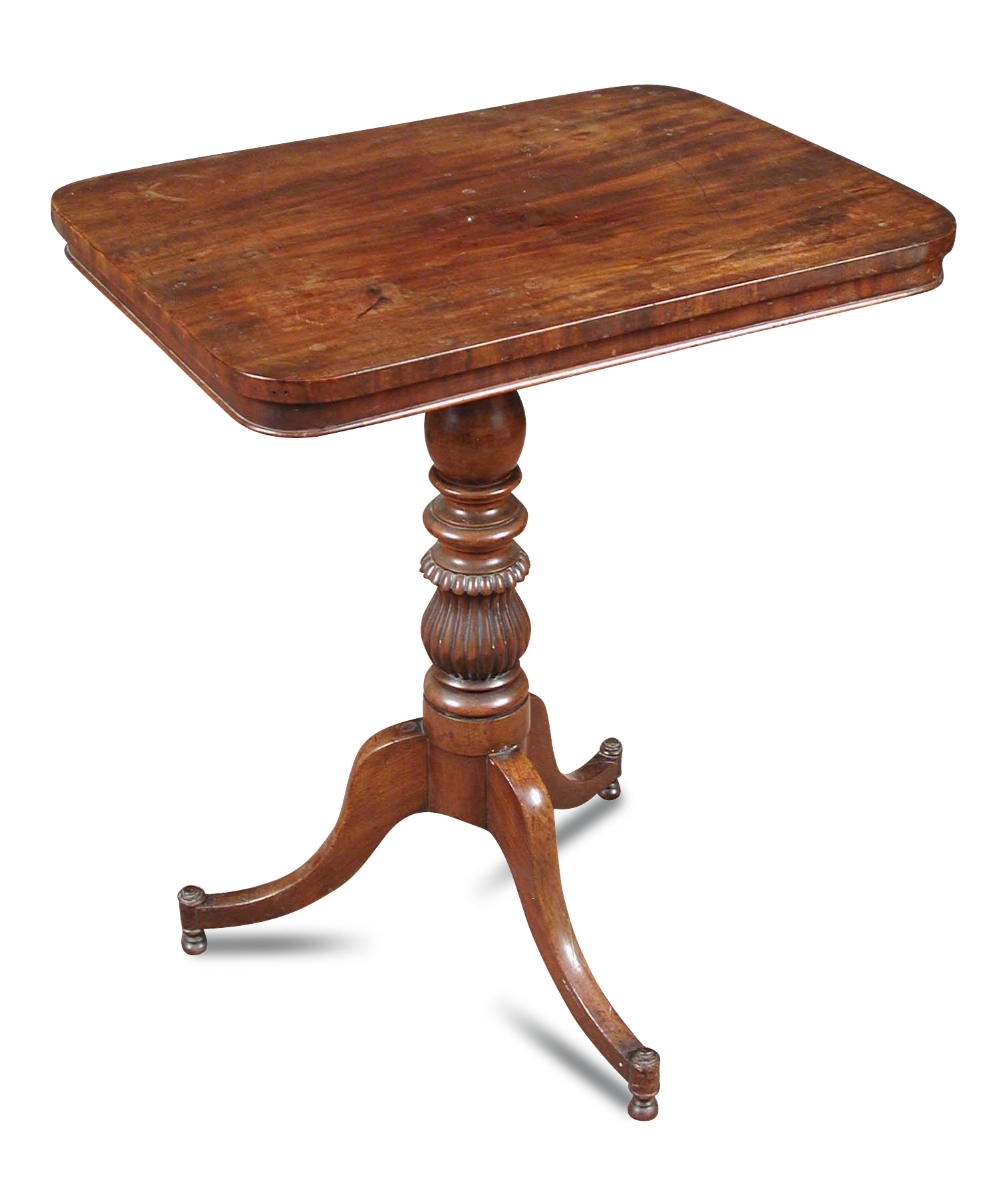 A Regency mahogany square top pedestal table, on a turned and gadroon moulded column and three