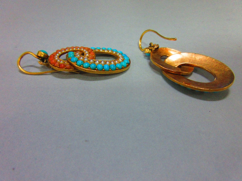 A pair of 19th century turquoise, coral and seed pearl earpendants, each hook faced by a round - Image 2 of 3