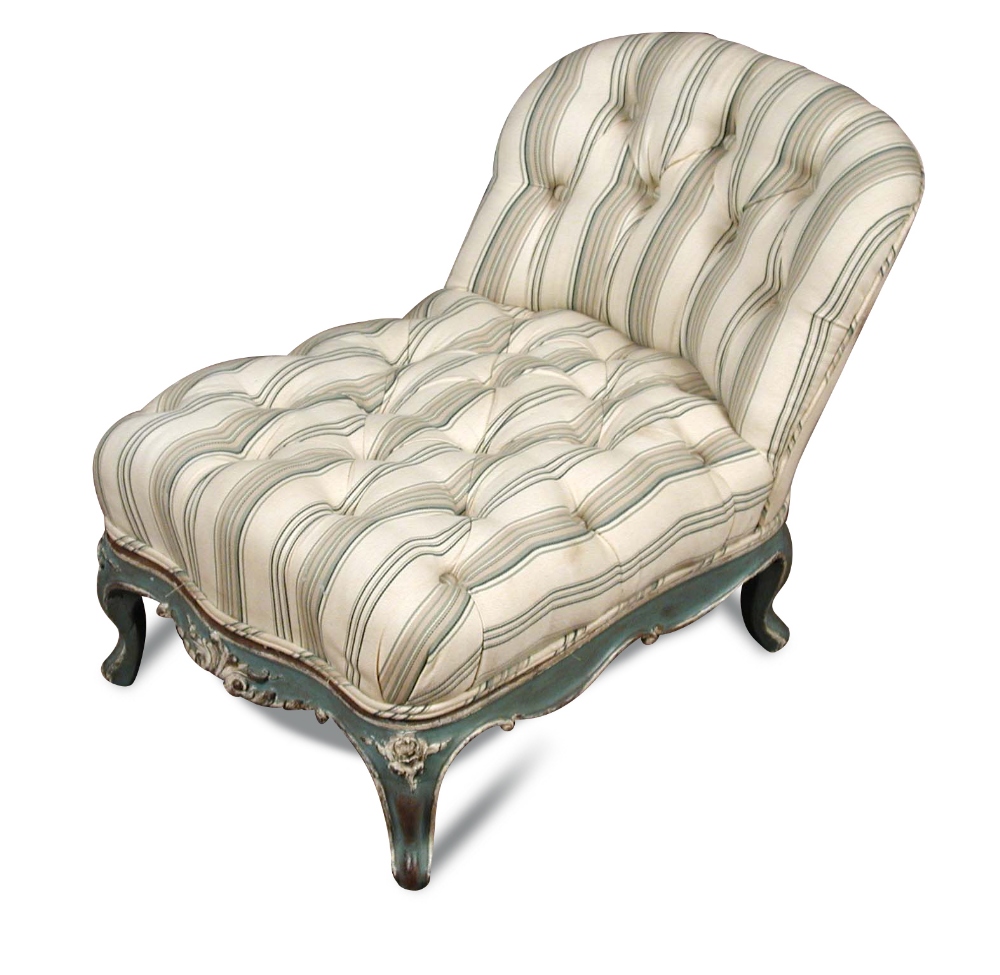 A Louis XV revival gout stool, the adjustable painted frame with buttoned upholstery, on scroll