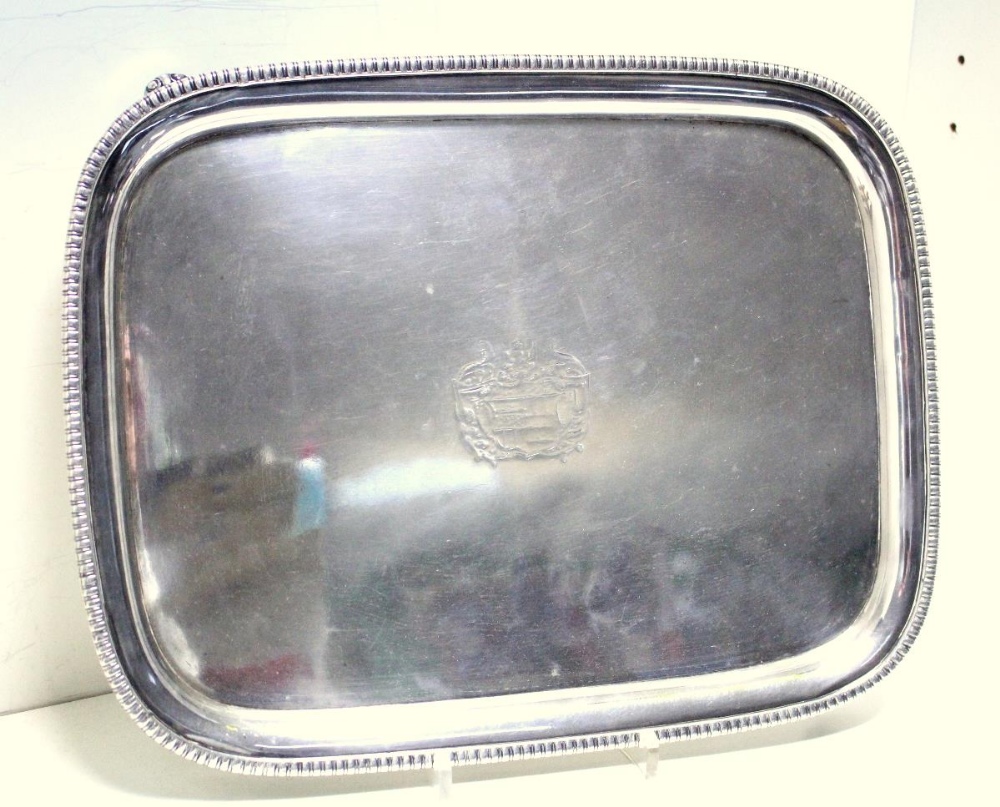 An Old Sheffield Plate salver, maker unknown circa 1800, rectangular with gadrooned edge, raised - Image 2 of 6