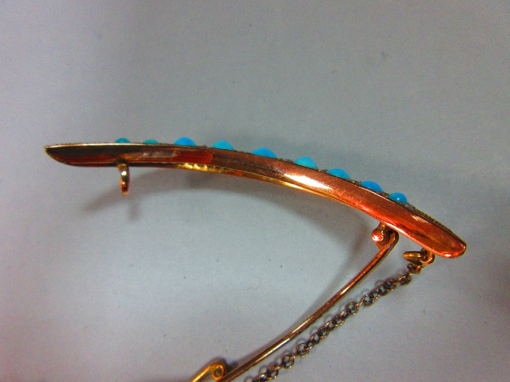 A turquoise and diamond crescent brooch, the open crescent set with graduated oval cabochon - Image 5 of 6