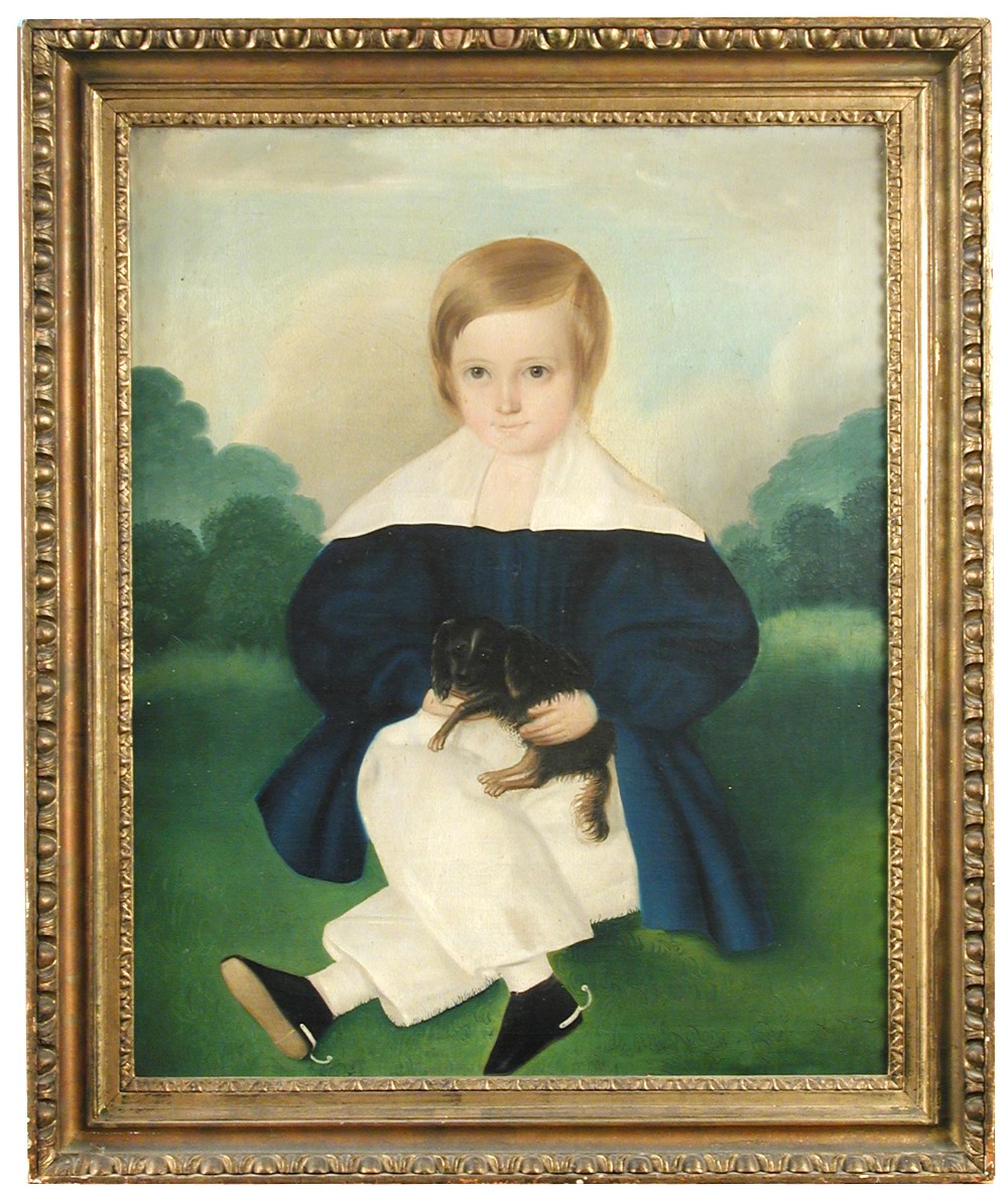 English Provincial School (19th Century) Portrait of a young boy with a King Charles Spaniel puppy