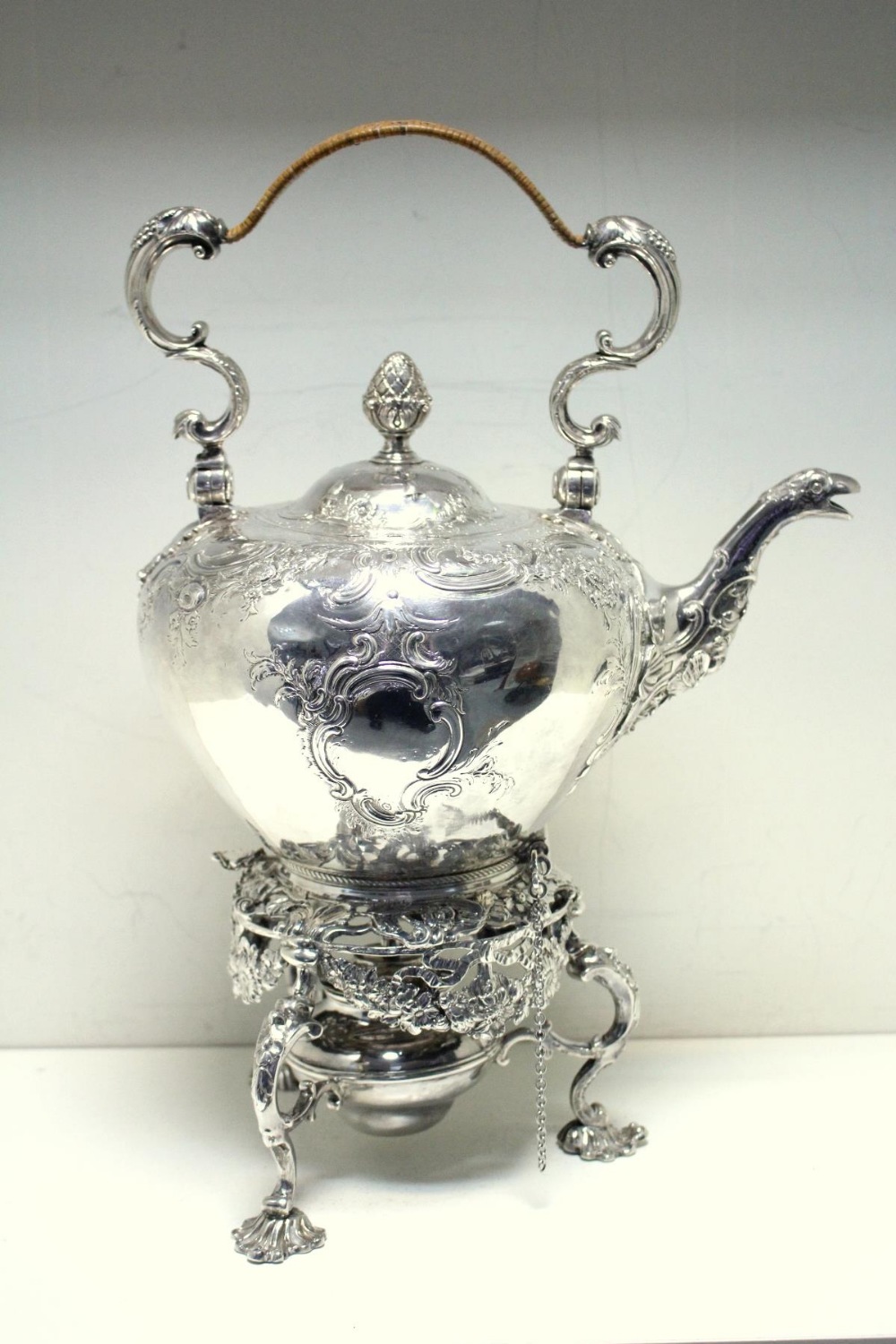 A large George II silver tea kettle on stand, maker's mark IC, possibly for J. Collins, London, - Image 2 of 9